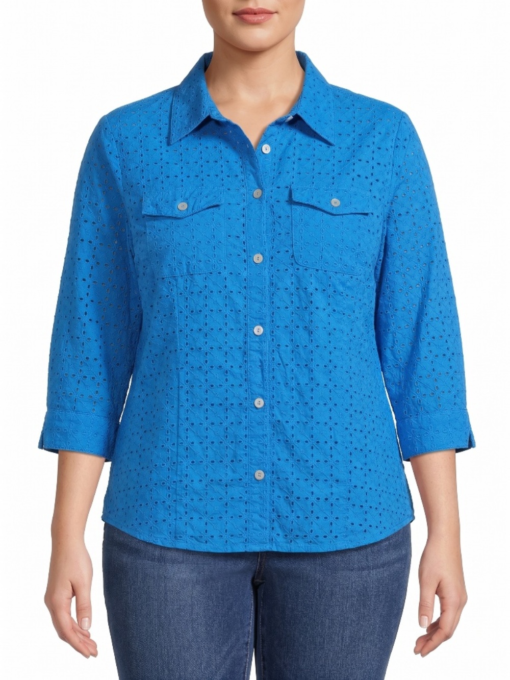 Alfred Dunner Women's Size 14 Blue Eyelet Button Up 3/4 Sleeve Cotton Shirt